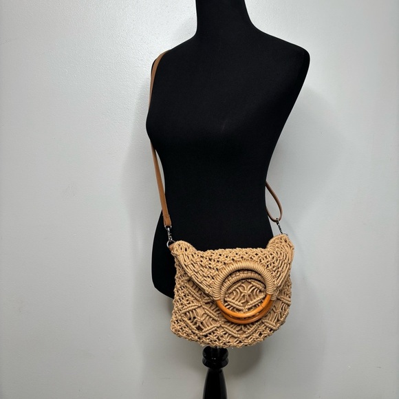 Handbags - Neutral Tan Crochet Macrame Boho Crossbody Foldover Bag.